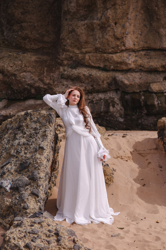 Düğüm Detaylı Parlak Kırınkıl Elbise - Bej & Ekru - 20258