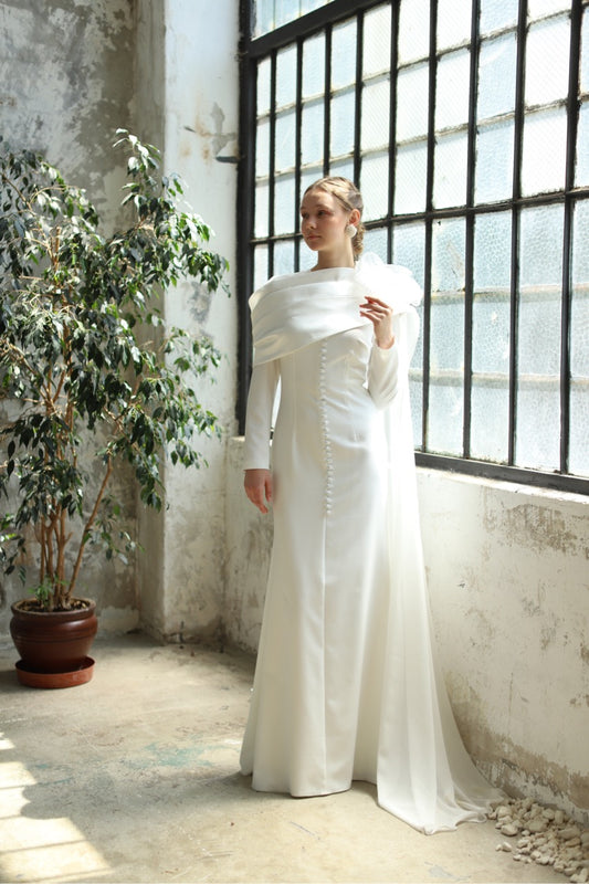 Robe de soirée voilée en pierre couleur poudre