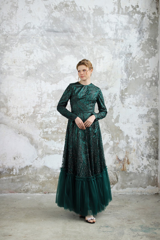 Zümrüt Yeşili Simli Olya Dress 2034