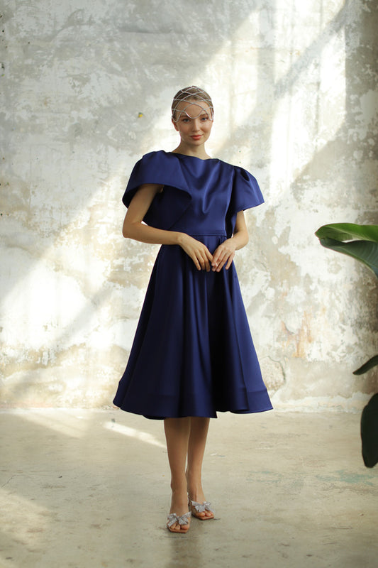 Midi Boy Lacivert Saten Elbise