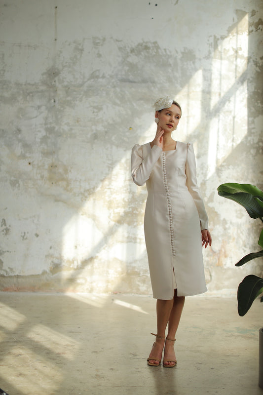 Parisian Düğmeli Bej Nikah Elbisesi