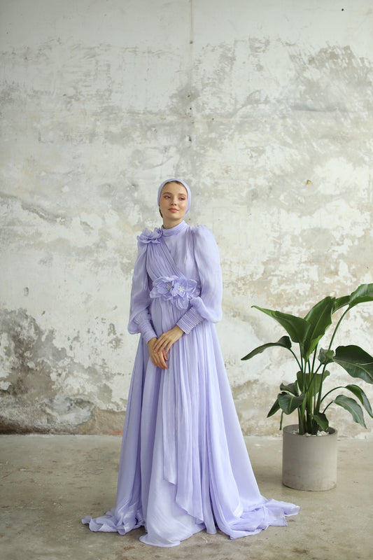 Çiçek Detaylı Manolya Elbise Lila