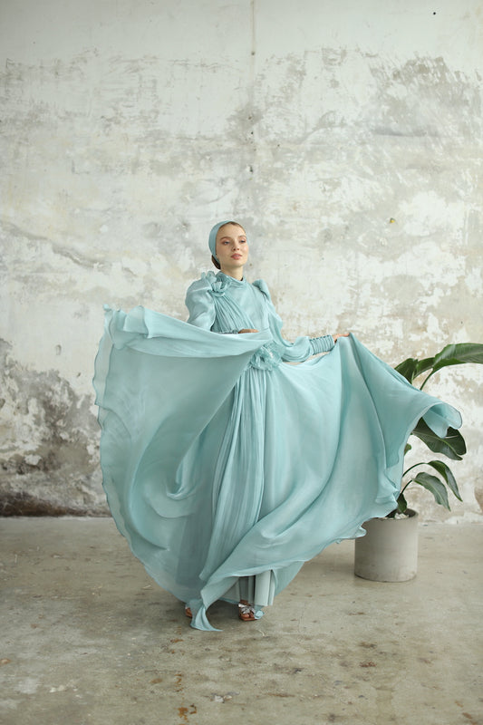 Çiçek Detaylı Manolya Elbise Su Yeşili