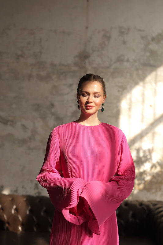 Piliseli Elbise Fuşya