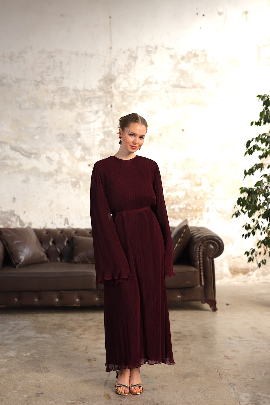 Piliseli Elbise Bordo