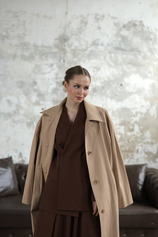 Desenli Astarlı Oversize Trençkot Bej