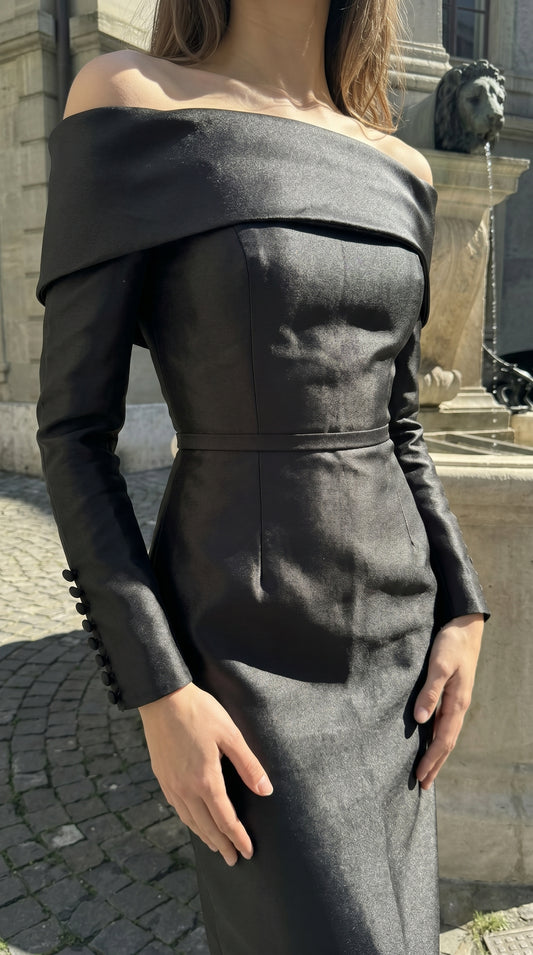 Noir Off-Shoulder Midi Elbise