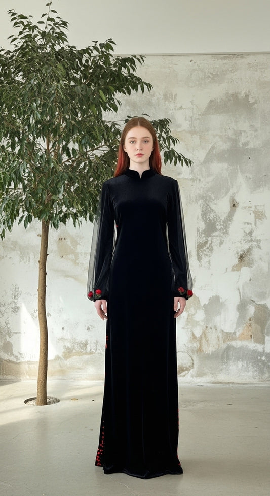 Midnight Velvet Gül Aplikeli Şeffaf Balon Kol Elegant Abiye_13