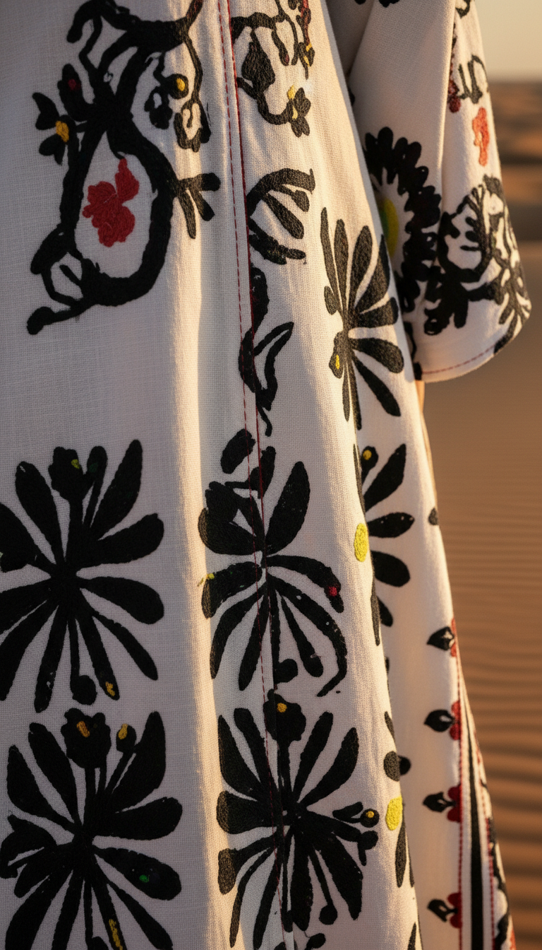 Saten Etnik Desenli Nakışlı Uzun Kimono - Özel El İşlemesi Bohem Tasarım - 26613