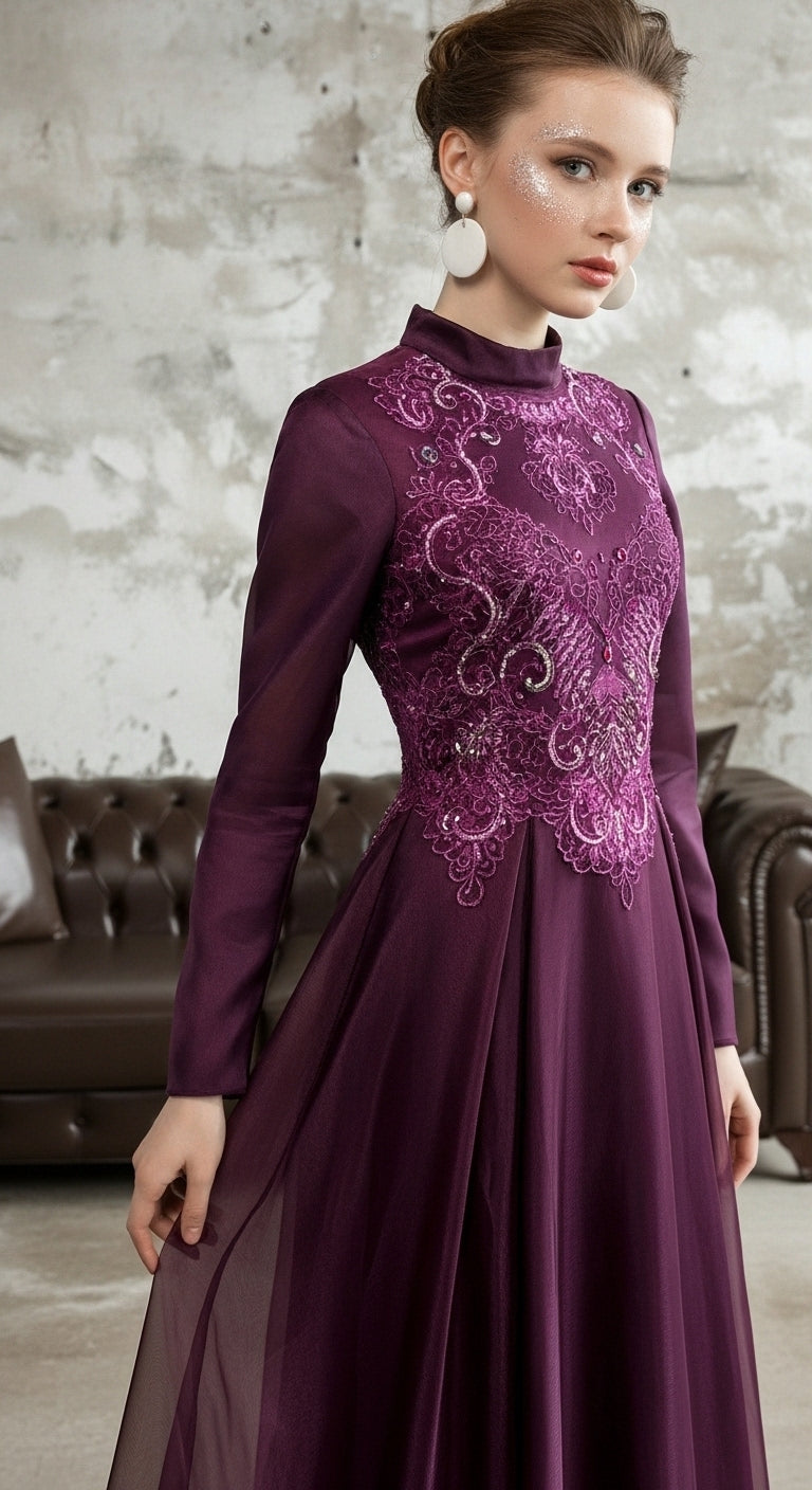 Serenith Veil Motif Abiye – Yüksek Yaka İşlemeli Uzun Kollu Tül Uzun Abiye Elbise_8