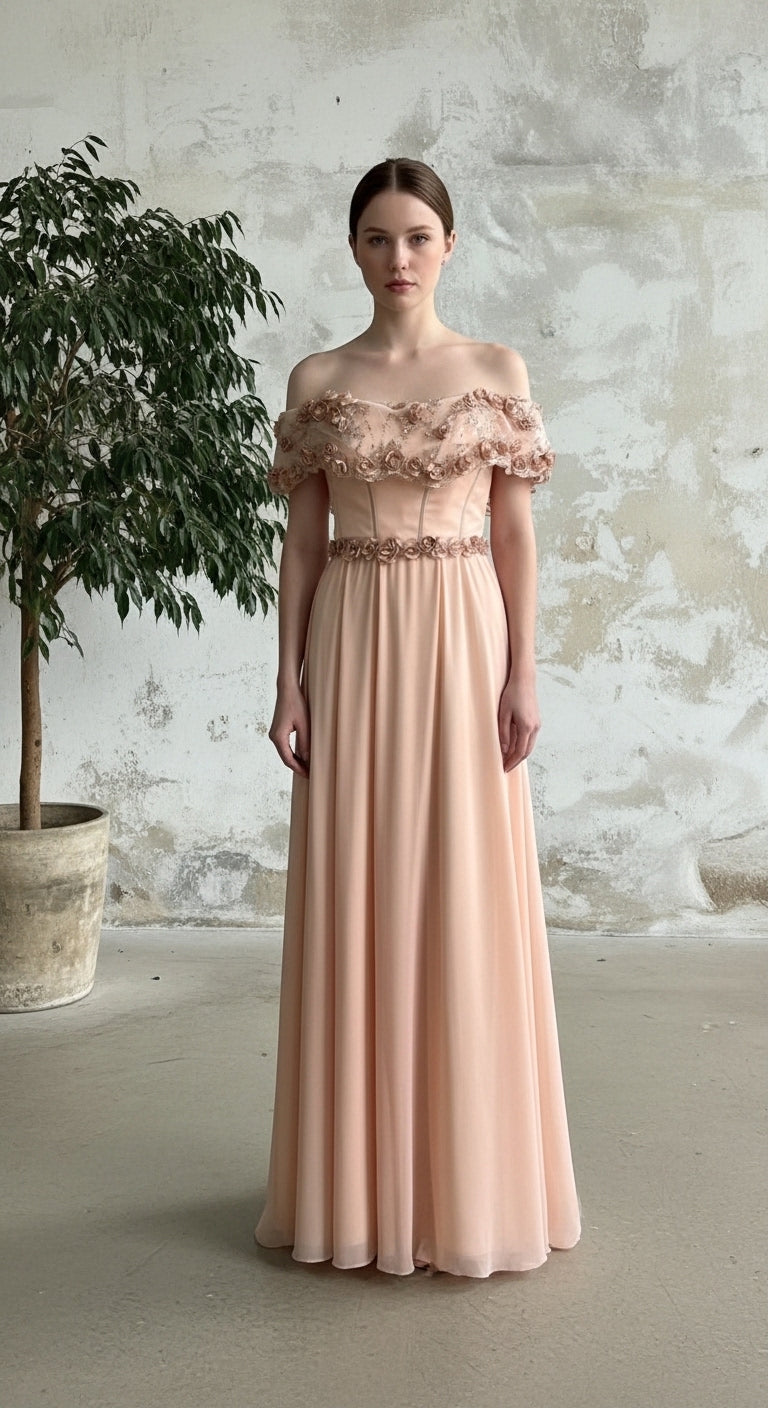 Floréa Drape Couture Abiye – İşlemeli Düşük Omuzlu Drapeli Uzun Gece Elbisesi_48