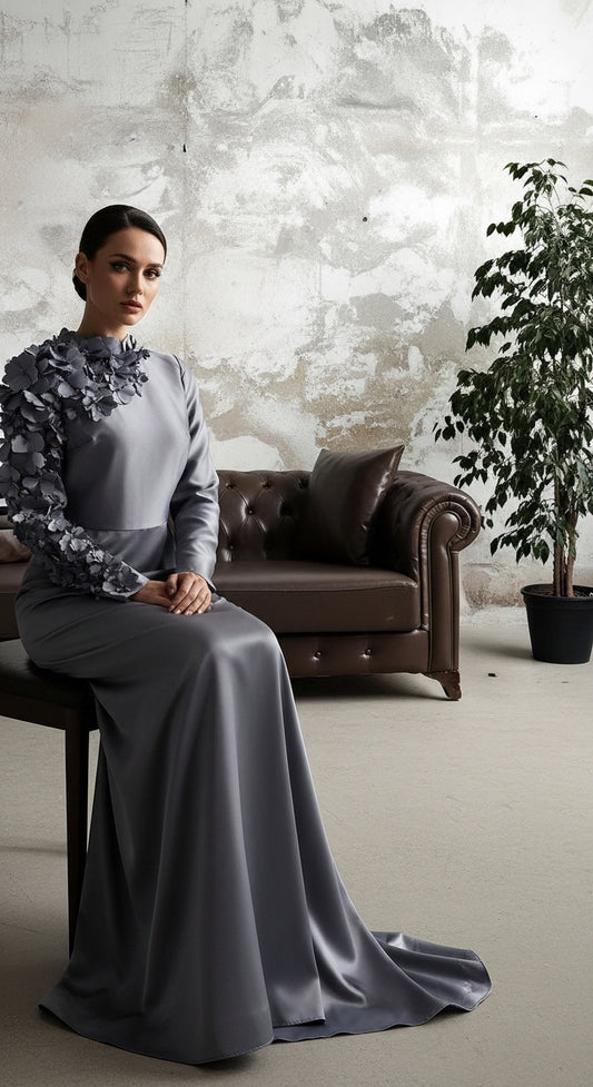 İllüzyon Yaka Kristal İşlemeli ve Drapeli Saten A-Kesim Abiye_53