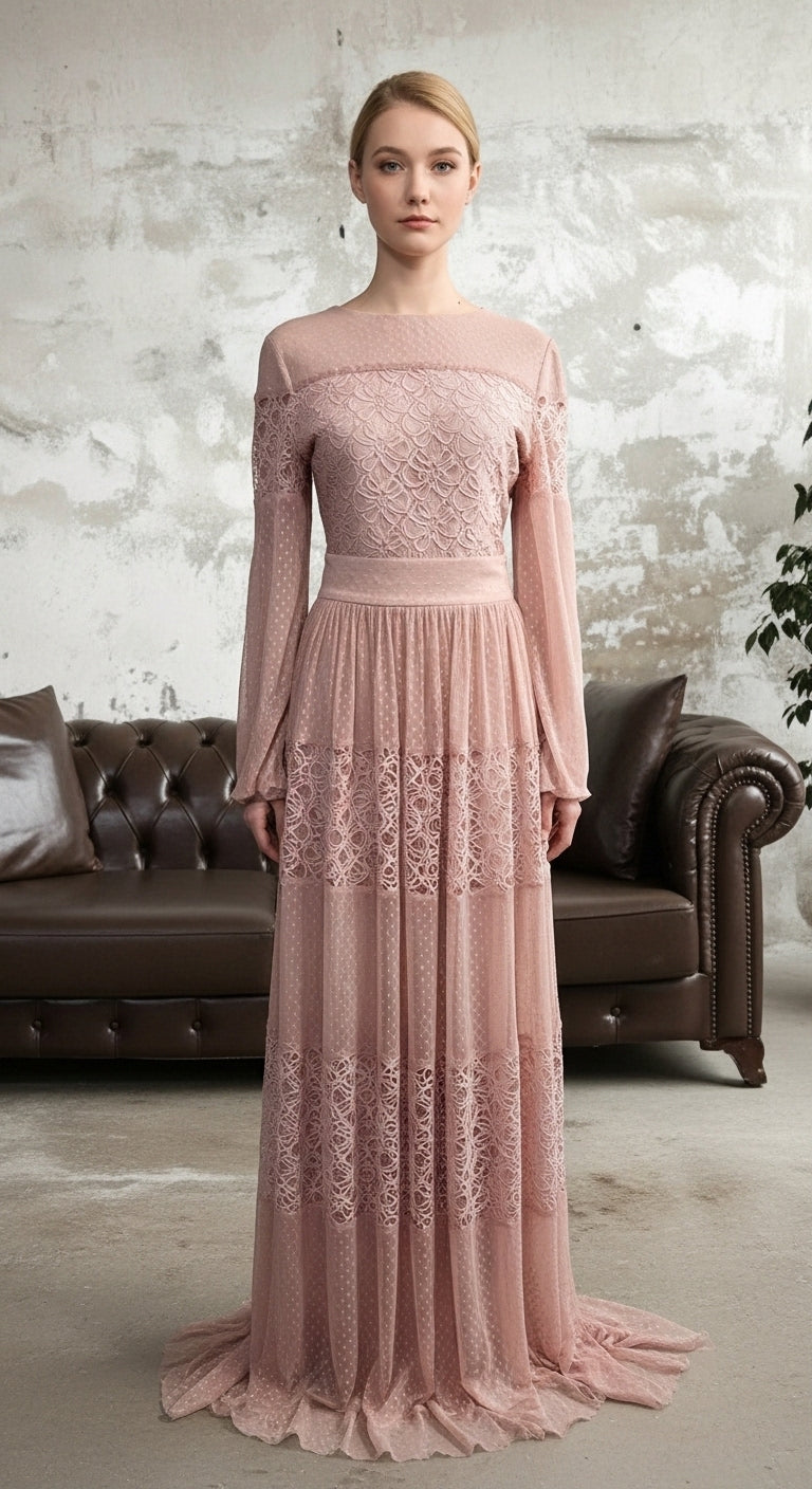 Rosélyn Dantel Detaylı Uzun Abiye Elbise_45