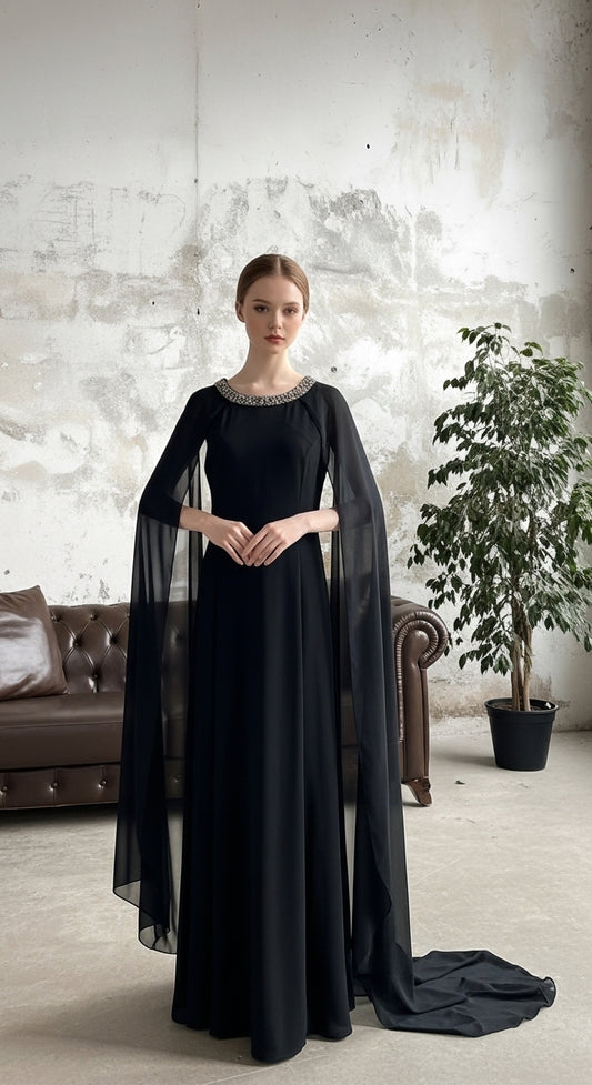 NOIRÉ – Yaka Detaylı Transparan Kolu Akıcı Form Uzun Elbise_57