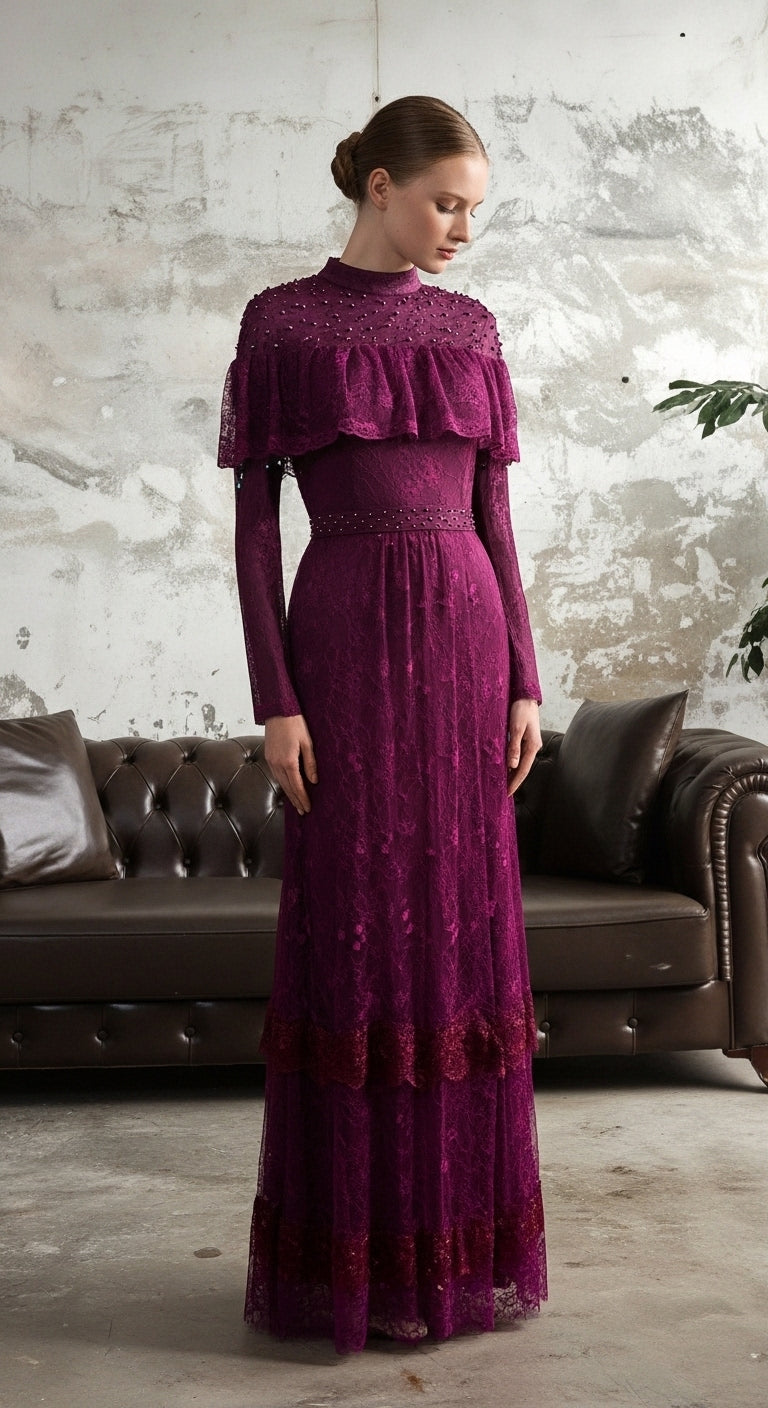 "Viktorya Rüyası" - Taş İşlemeli Vintage Yaka Uzun Davet Elbisesi_43