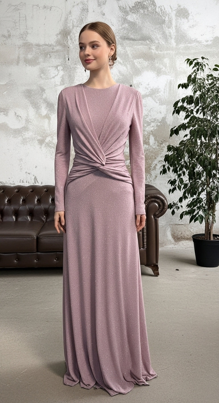 Asalet Dokunuşu – Drapeli Uzun Kollu Zarif Abiye Elbise_54