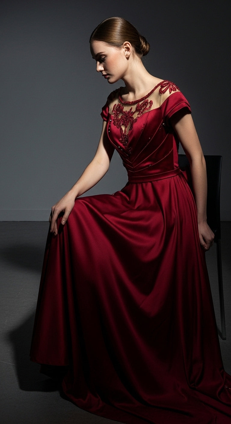 İllüzyon Yaka Nakışlı ve Bel Vurgulu Saten Tasarım Abiye_46