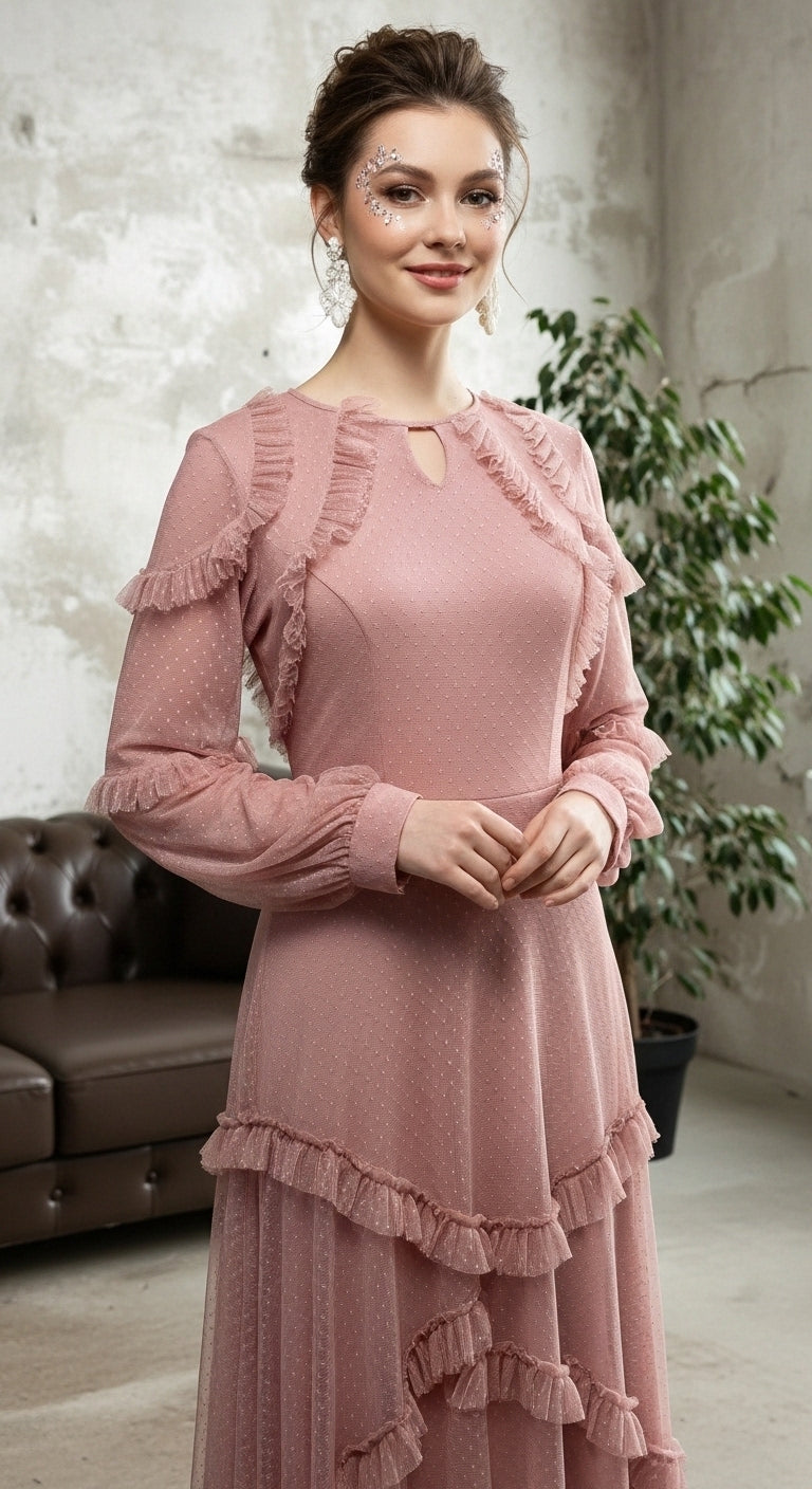 Bohemian Rhapsody Asimetrik Fırfırlı Point d'Esprit Maksi Abiye_2