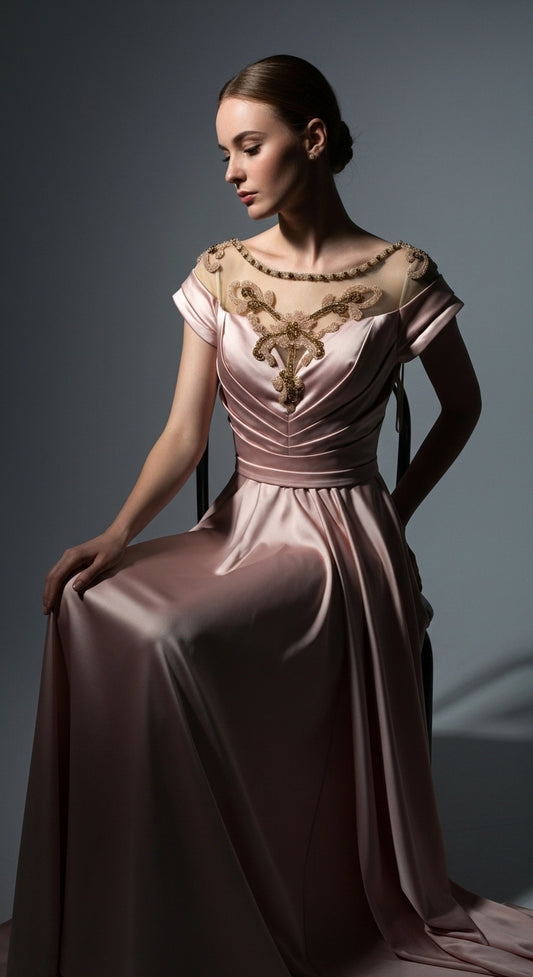 İllüzyon Yaka Nakışlı ve Bel Vurgulu Saten Tasarım Abiye_46