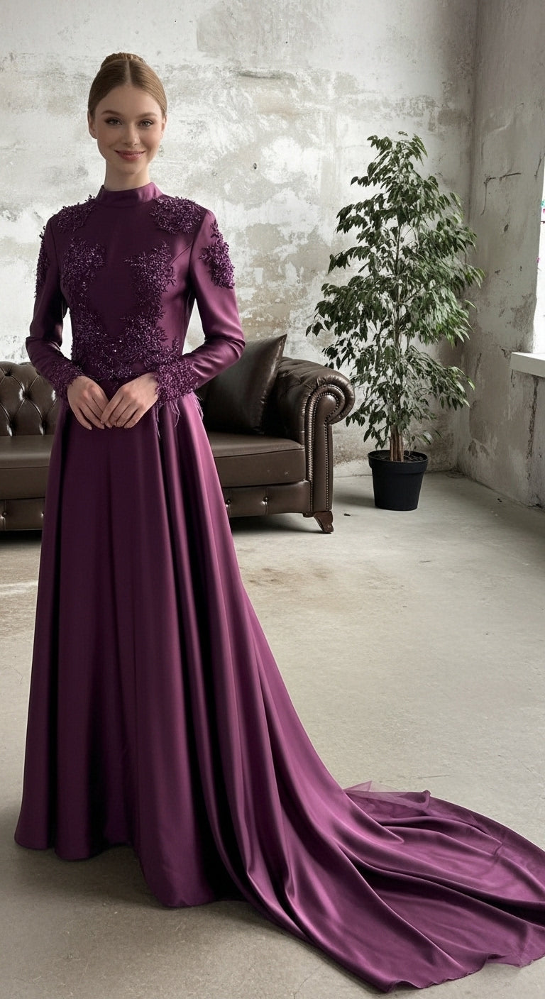 Veridian Aura Tüy Detaylı Büzgü Manşet Elegant Abiye_10