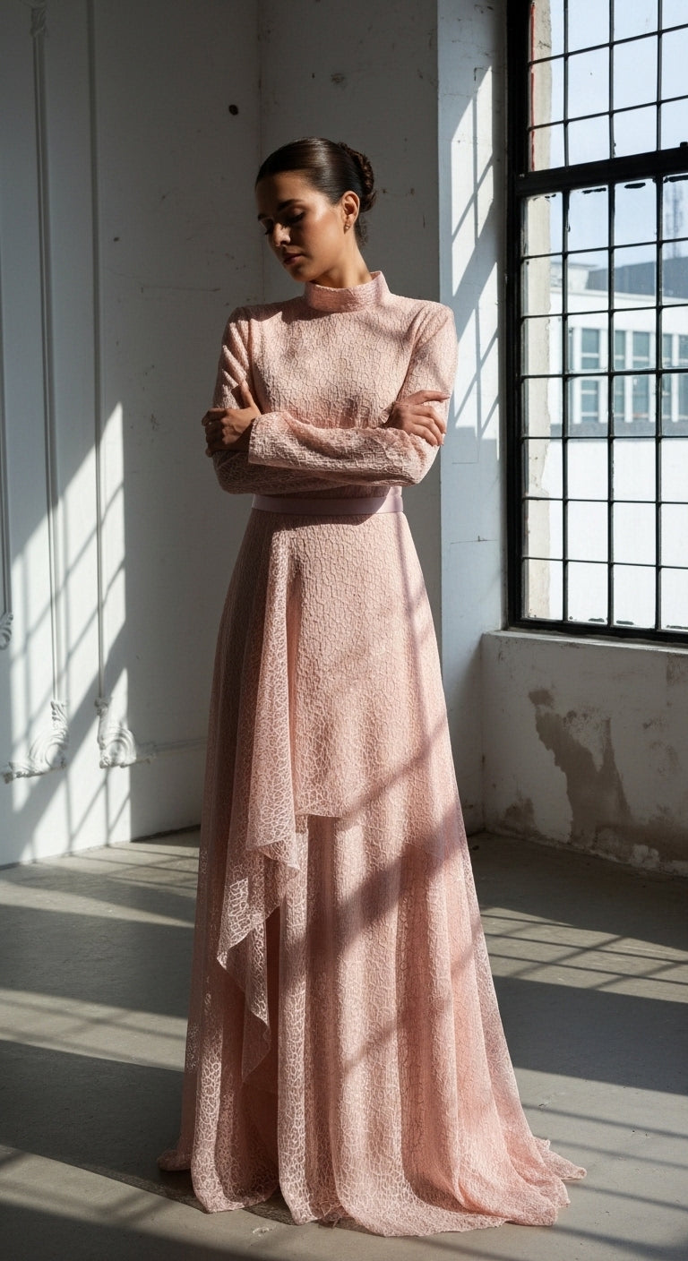 Uzun Kollu Dantel Dokulu Abiye Elbise_11