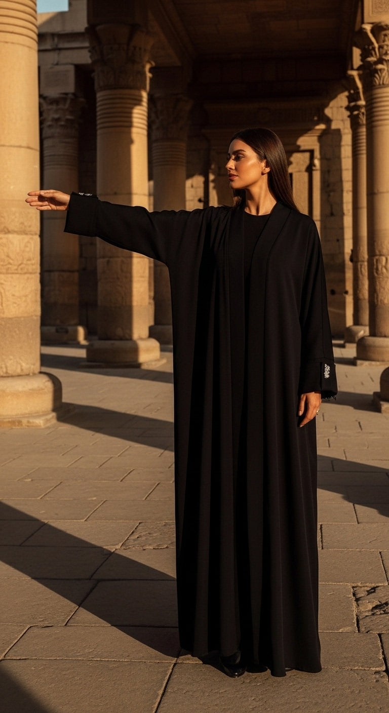 Siyah Tesettür Kimono Abaya Uzun Model - 26617