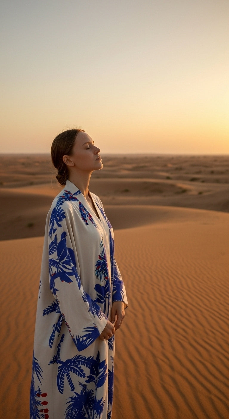 Keten Karışımlı Palmiye Desenli El İşlemesi Kimono - Mavi Tropikal Esinti -26615