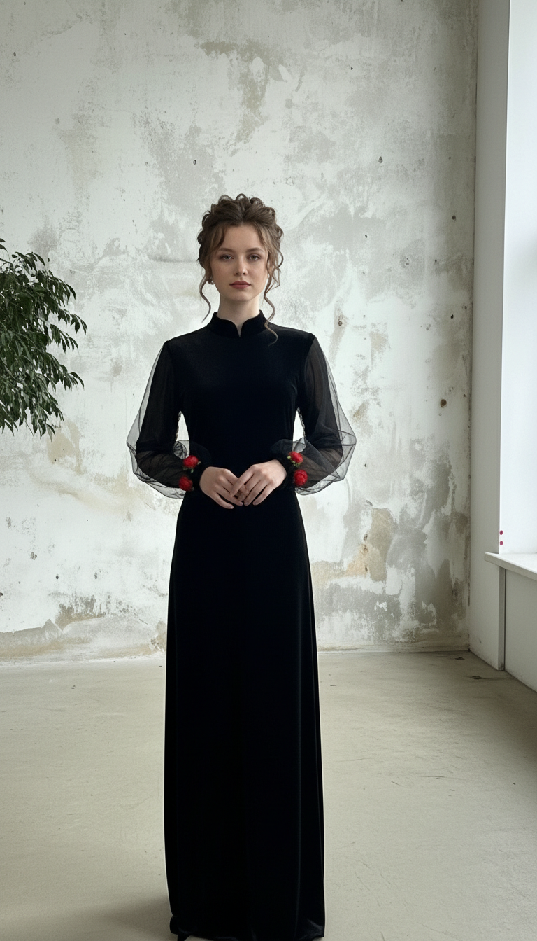 Midnight Velvet Gül Aplikeli Şeffaf Balon Kol Elegant Abiye_13