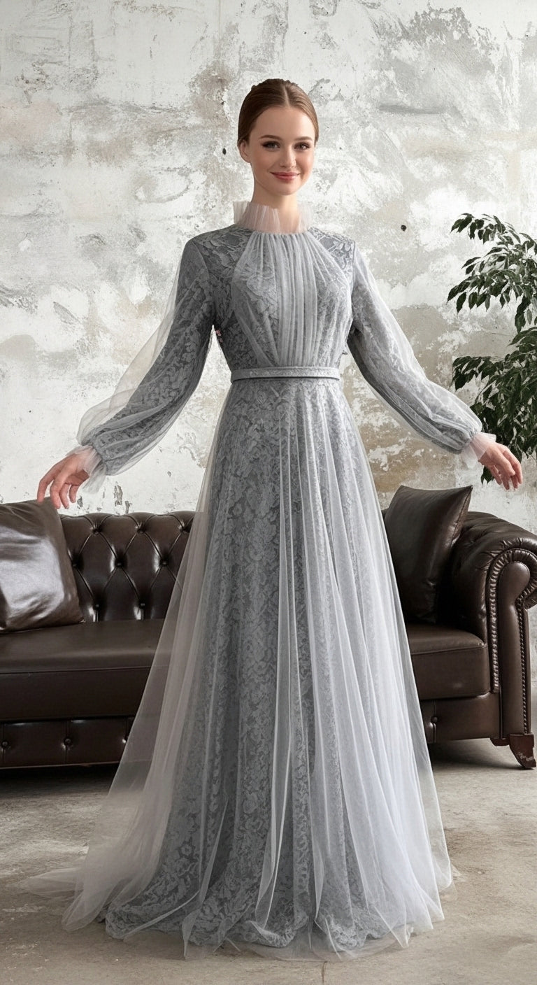 Dik Yaka Pileli Tül Panel ve Dantel Detaylı Uzun Tasarım Abiye_37