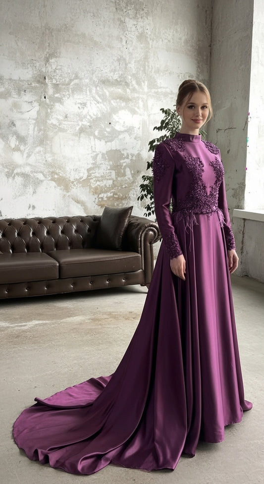 Veridian Aura Tüy Detaylı Büzgü Manşet Elegant Abiye_10