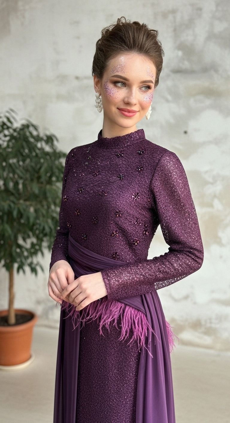 Aurevia Plume Drapé Abiye – Yüksek Yaka Uzun Kollu İşlemeli Drapeli Gece Elbisesi_29