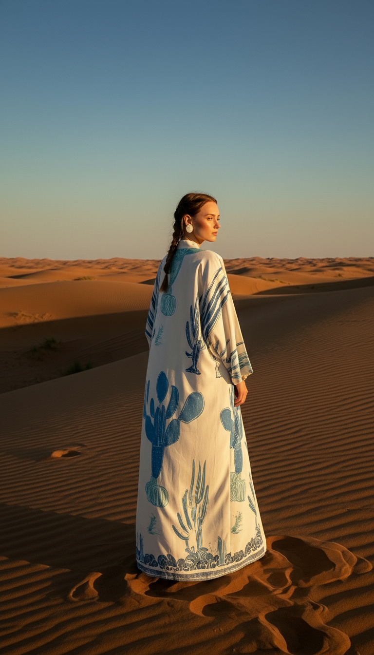 Keten Karışımlı Kaktüs Desenli El İşlemesi Kimono - Doğal ve Nefes Alan Tasarım - 26614