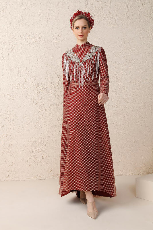 Bordo Kafes Dantelli Boncuk Saçaklı Abiye Minel Aşk