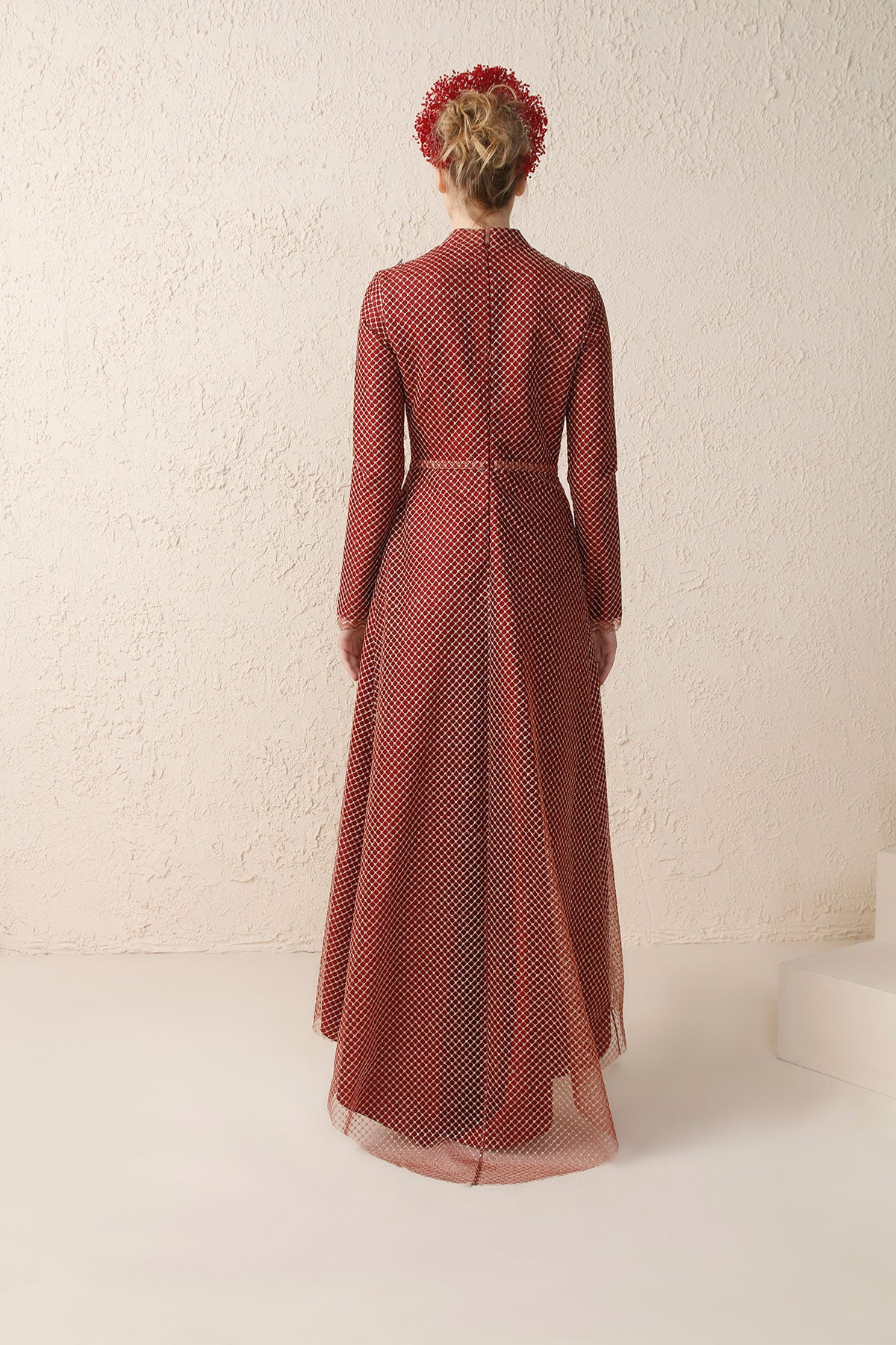 Bordo Kafes Dantelli Boncuk Saçaklı Abiye Minel Aşk