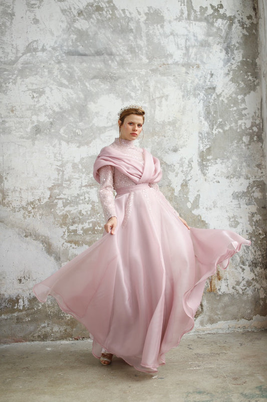Pudra Organze Şallı Abiye Valentina Dress 2032