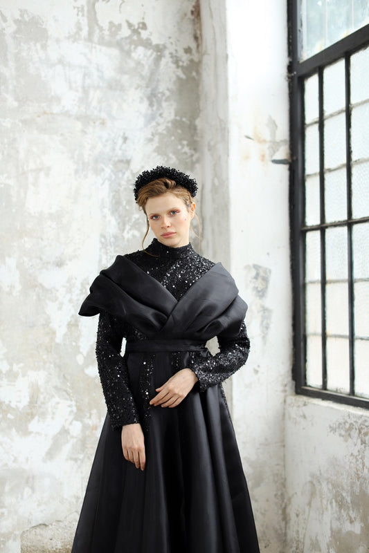 Siyah Organze Şallı Abiye Valentina Dress 2032