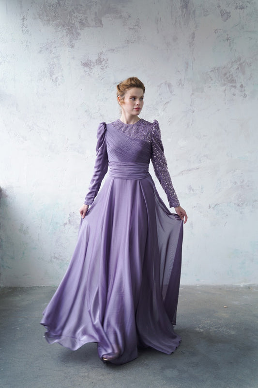 Lila Bocuklu Dantelli Şifon Vera Dress 2028