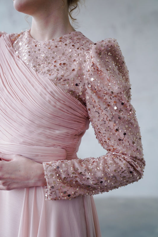 Somon Bocuklu Dantelli Şifon Vera Dress 2028