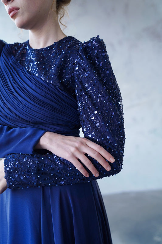 Lacivert Bocuklu Dantelli Şifon Vera Dress 2028