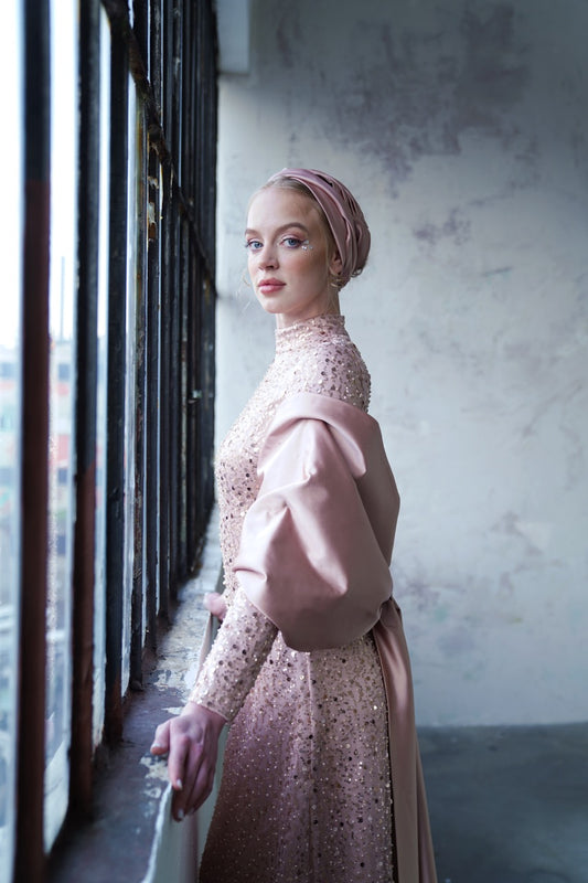 Pudra Bocuklu Dantelli Şallı Kalem Elbise Kristal Dress 2029