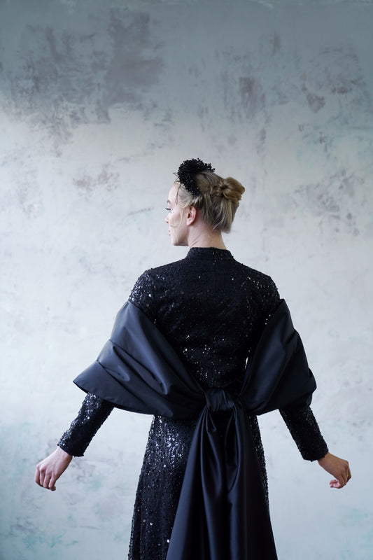 Siyah Bocuklu Dantelli Şallı Kalem Elbise Kristal Dress 2029