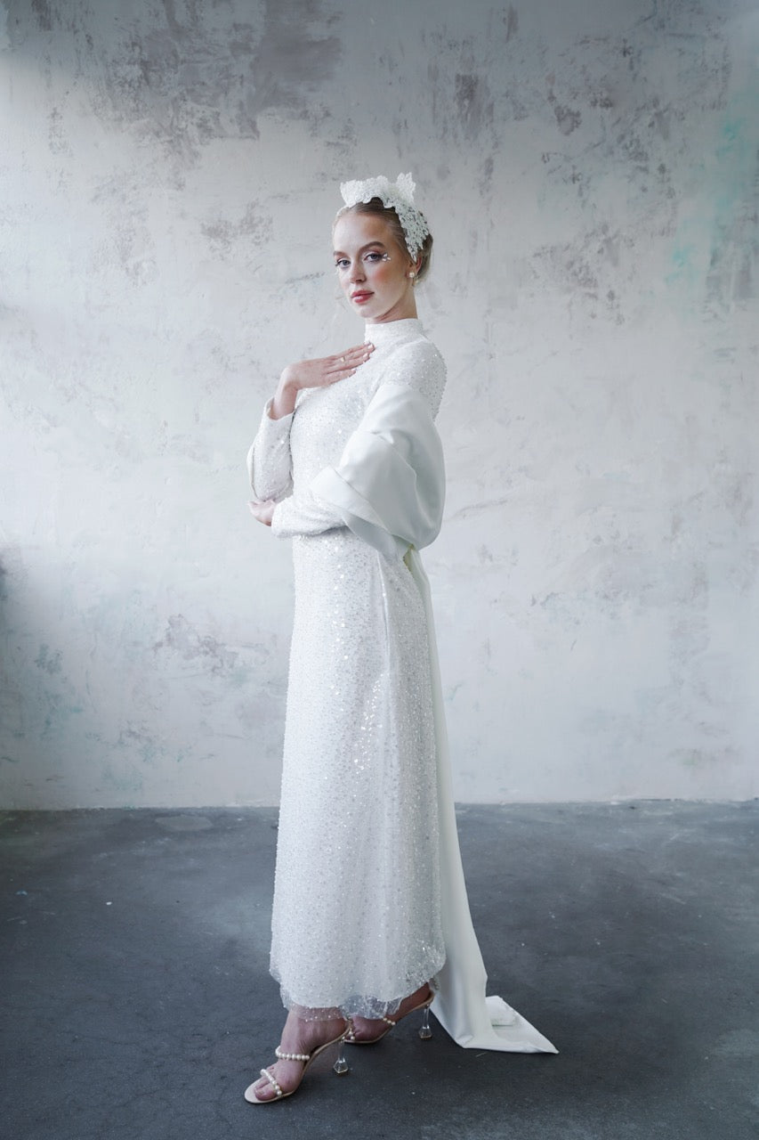 Ekru Bocuklu Dantelli Şallı Kalem Elbise Kristal Dress 2029