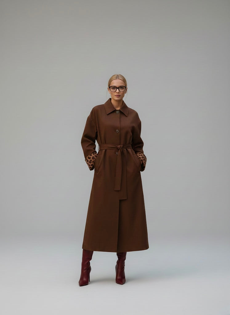 Desenli Astarlı Oversize Trençkot Kahve