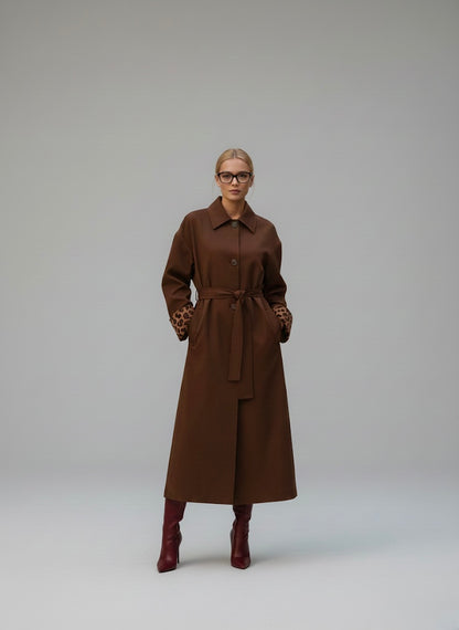 Desenli Astarlı Oversize Trençkot Kahve