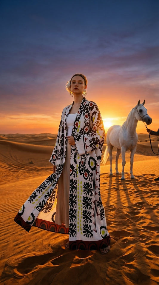 Saten Etnik Desenli Nakışlı Uzun Kimono - Özel El İşlemesi Bohem Tasarım - 26613