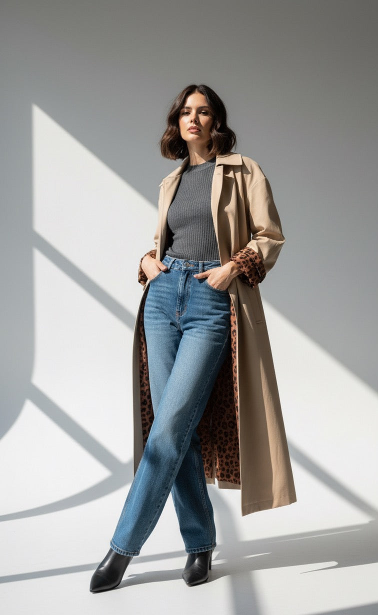 Oversize Leopar Desen Astarlı Trençkot Bej