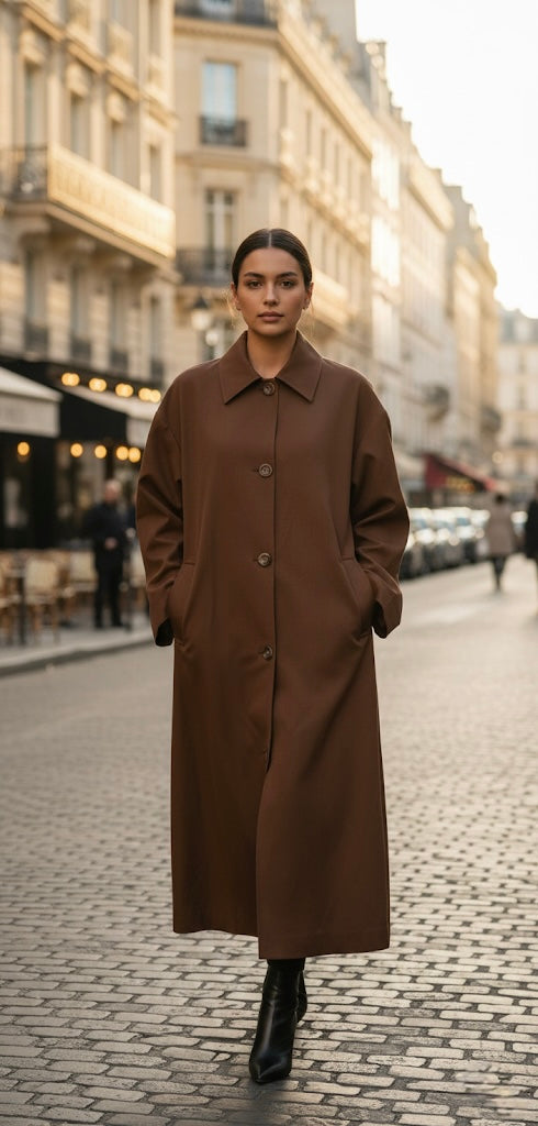 Desenli Astarlı Oversize Trençkot Kahve