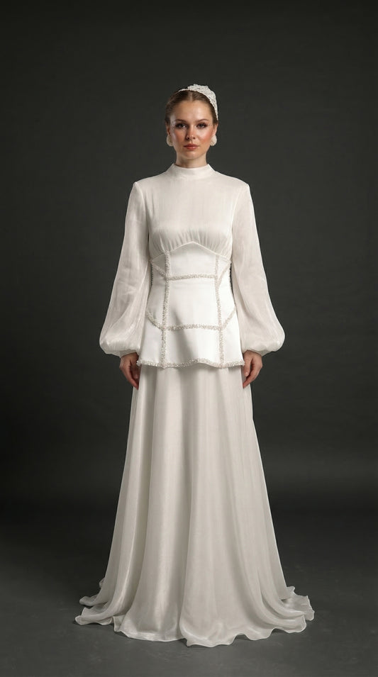 Korse Detay Ekru Pera Dress