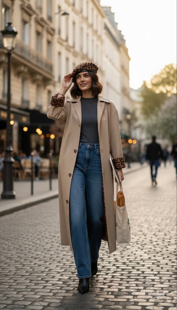 Desenli Astarlı Oversize Trençkot Bej