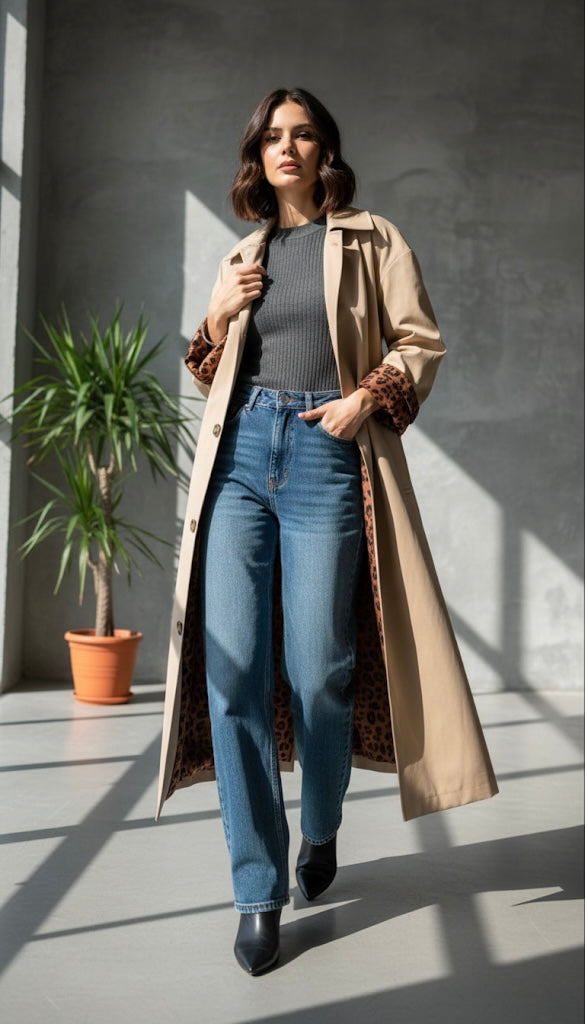 Desenli Astarlı Oversize Trençkot Bej